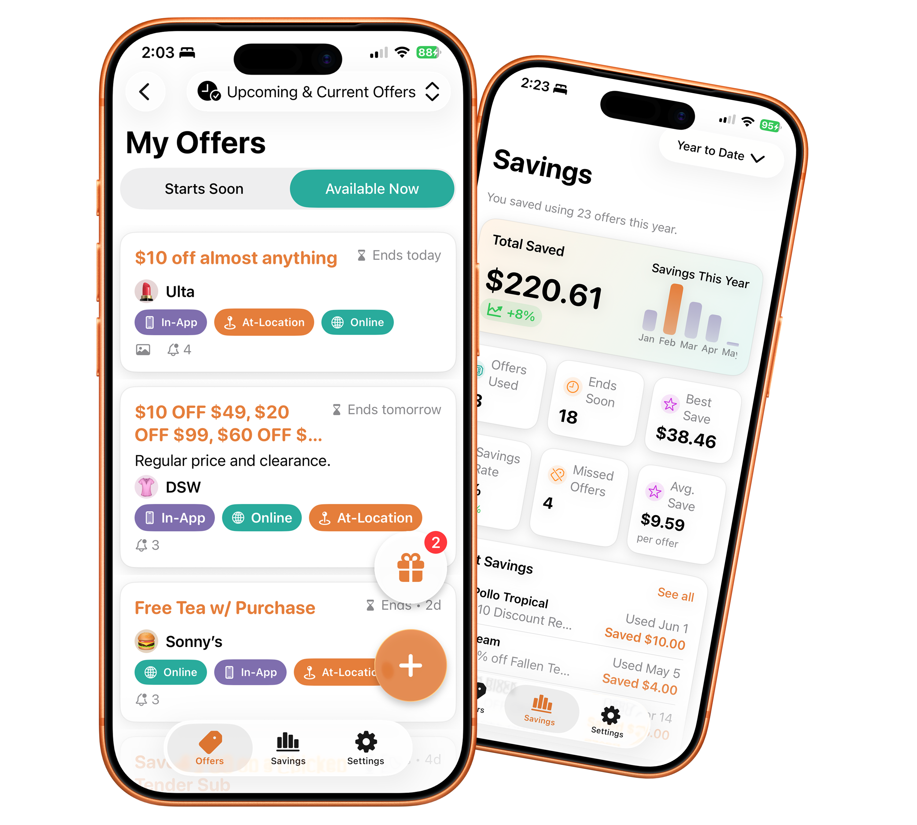 Coupon Cue app showing saved coupons with reminder notifications