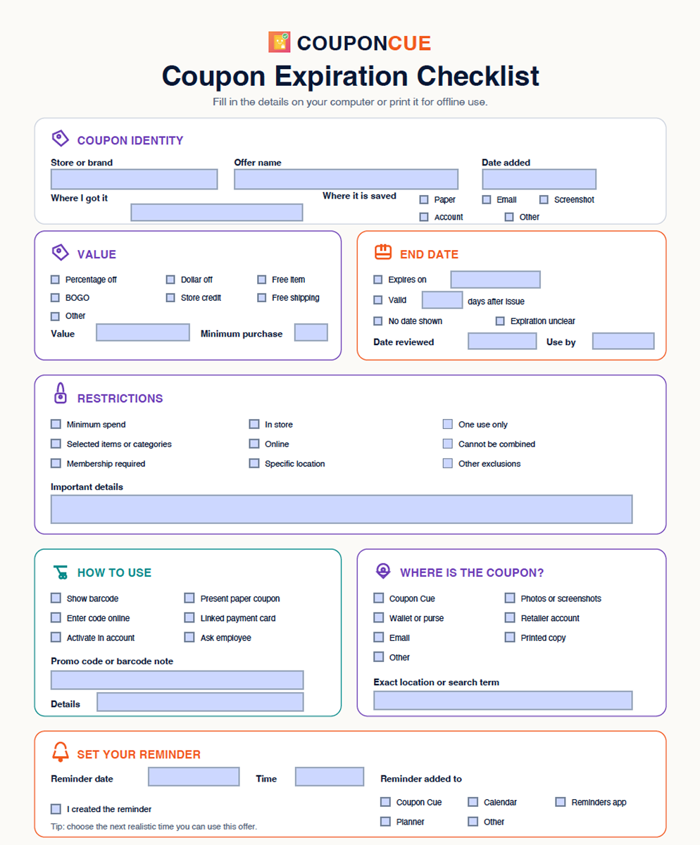 Preview of the printable Coupon Cue coupon expiration checklist